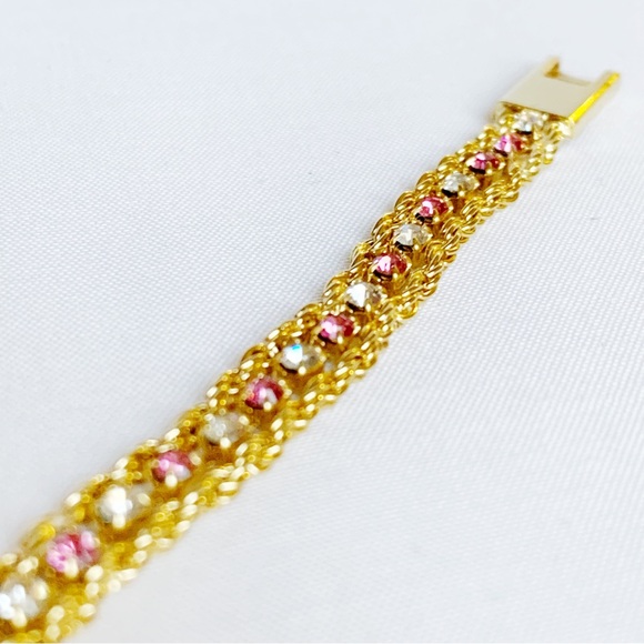 FANCY Pink Crystal and White Zirconias 10K Yellow Gold Plated Tennis Bracelet - Picture 6 of 9